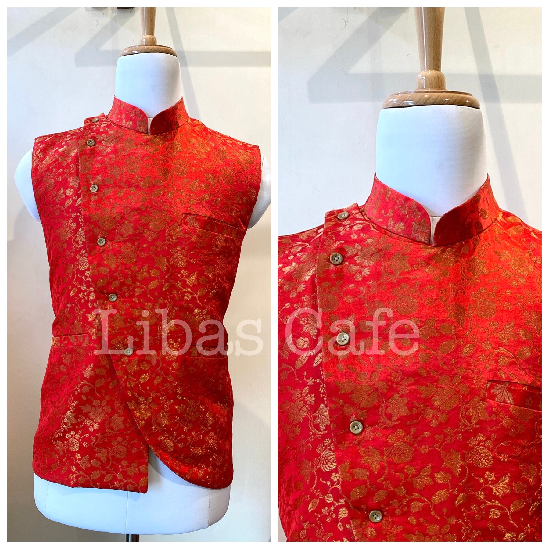 Red Diagonal Buttoned Nehru Jacket